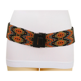 Women Brown Elastic Belt Orange Gold Beads Wood Buckle S M